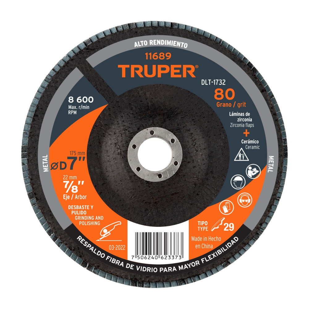Disco laminado 7', grano 80 centro 7/8', fibra, TRUPER DLT-1732