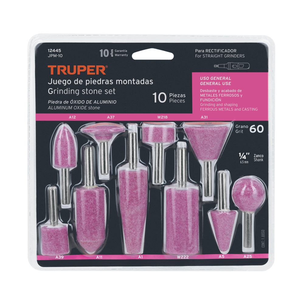 Juego de 10 piedras montadas zanco 1/4', uso general, Truper JPM-10