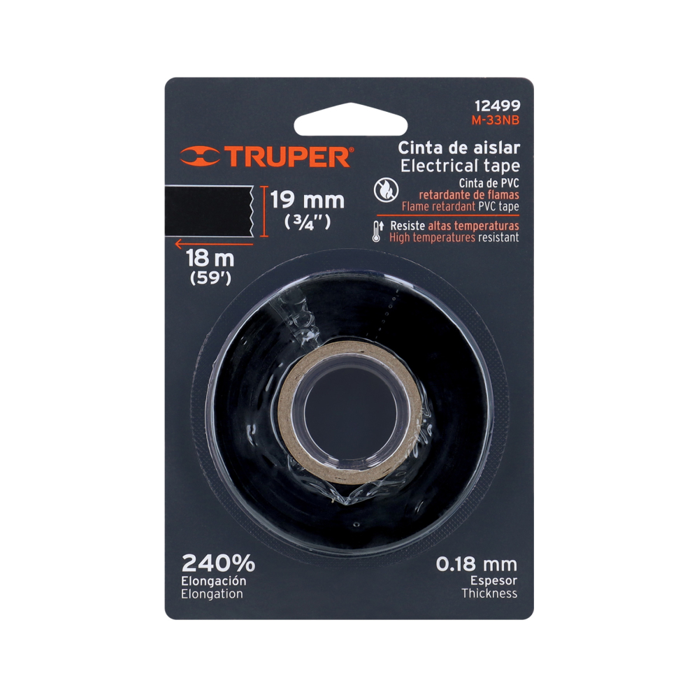 Cinta de aislar de 18 m x 19 mm, negra en blíster, TRUPER M-33NB