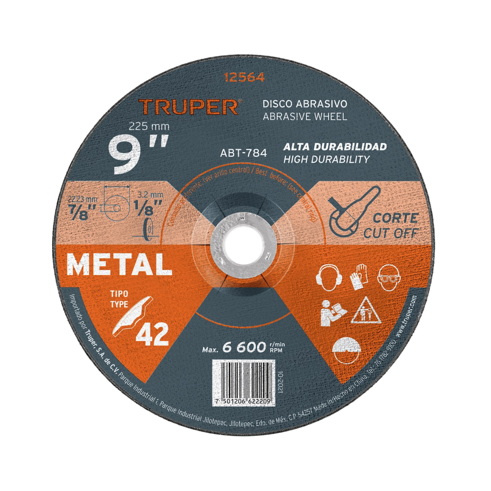 Disco Tipo 42 de 9' x 3.2 mm para corte de metal, TRUPER ABT-784