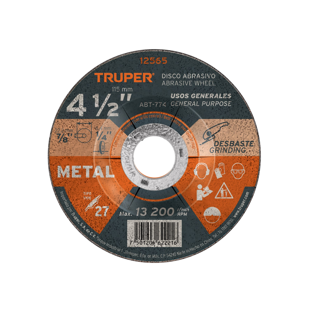 Disco Tipo 27 de 4-1/2' x 6.4 mm para desbaste de metal ABT-774