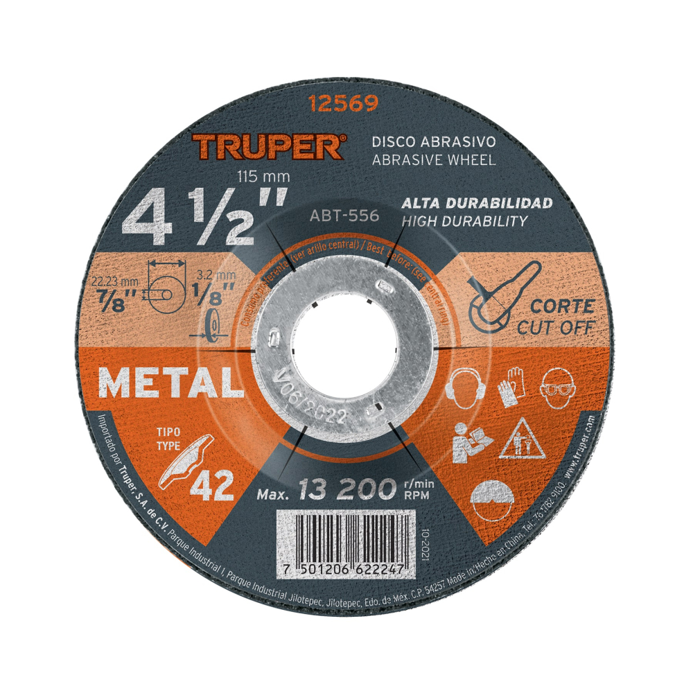 Disco Tipo 42 de 4-1/2' x 3.2 mm para corte de metal, Truper ABT-556