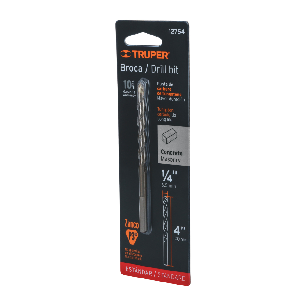 Broca para concreto de 1/4 x 4' en blíster, TRUPER BCT-1/4X4-B