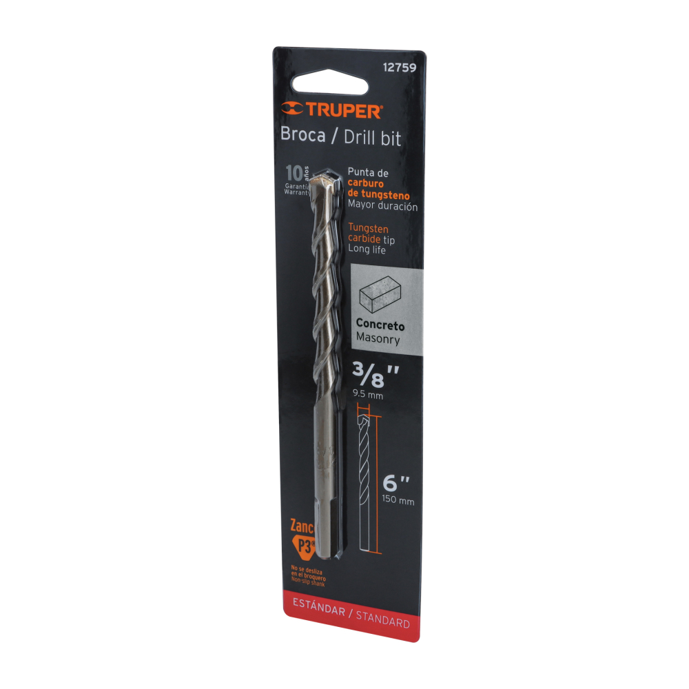 Broca para concreto de 3/8 x 6' en blíster, TRUPER BCT-3/8X6-B