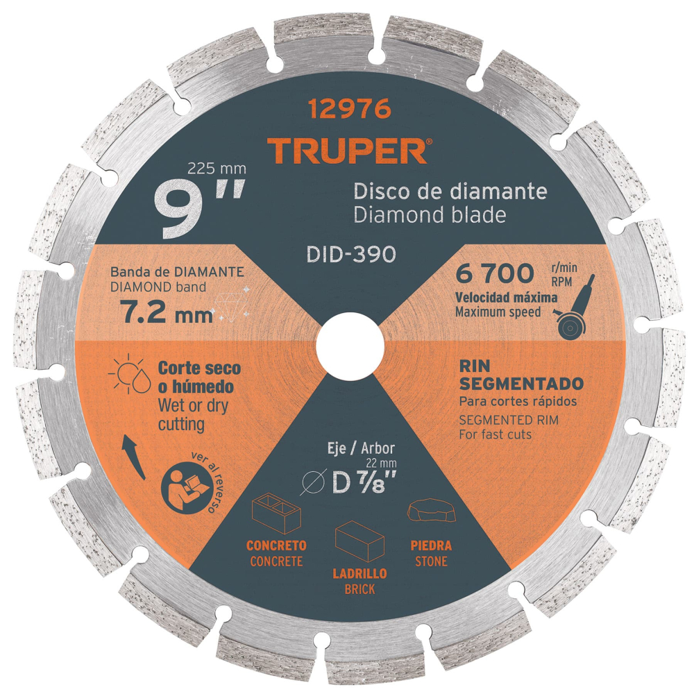 Disco de diamante de 9' x 2.7 mm, rin segmentado, TRUPER DID-390