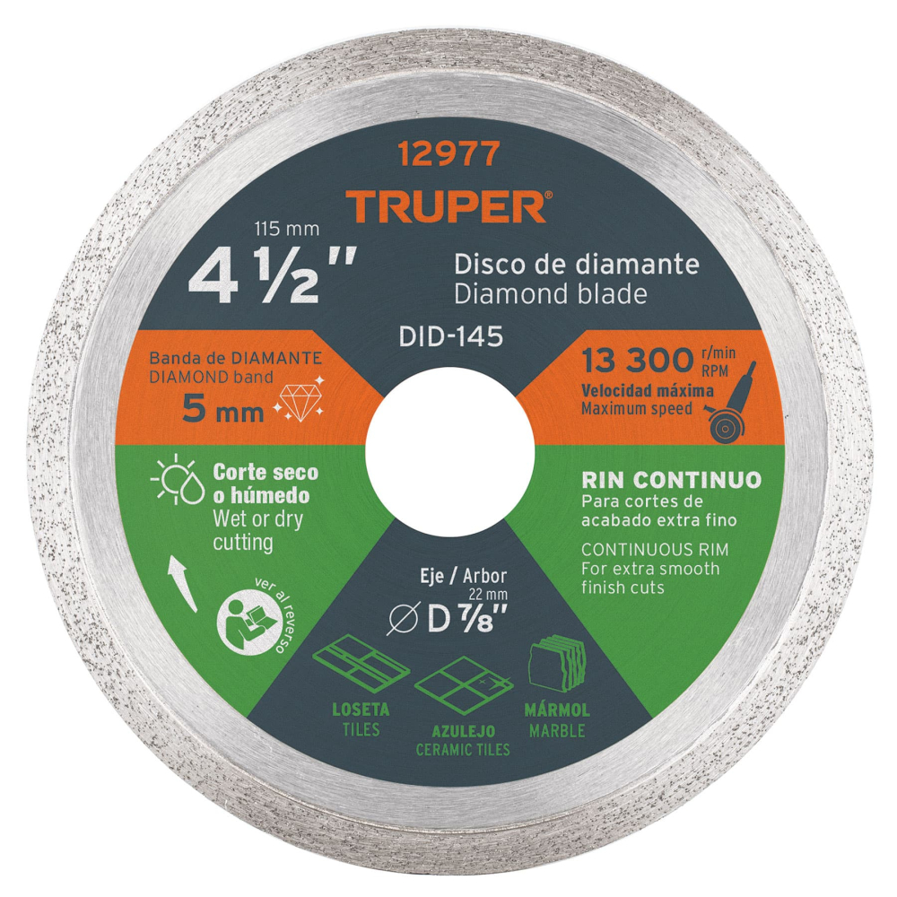 Disco de diamante de 4-1/2' x 1.6 mm, rin continuo, TRUPER DID-145