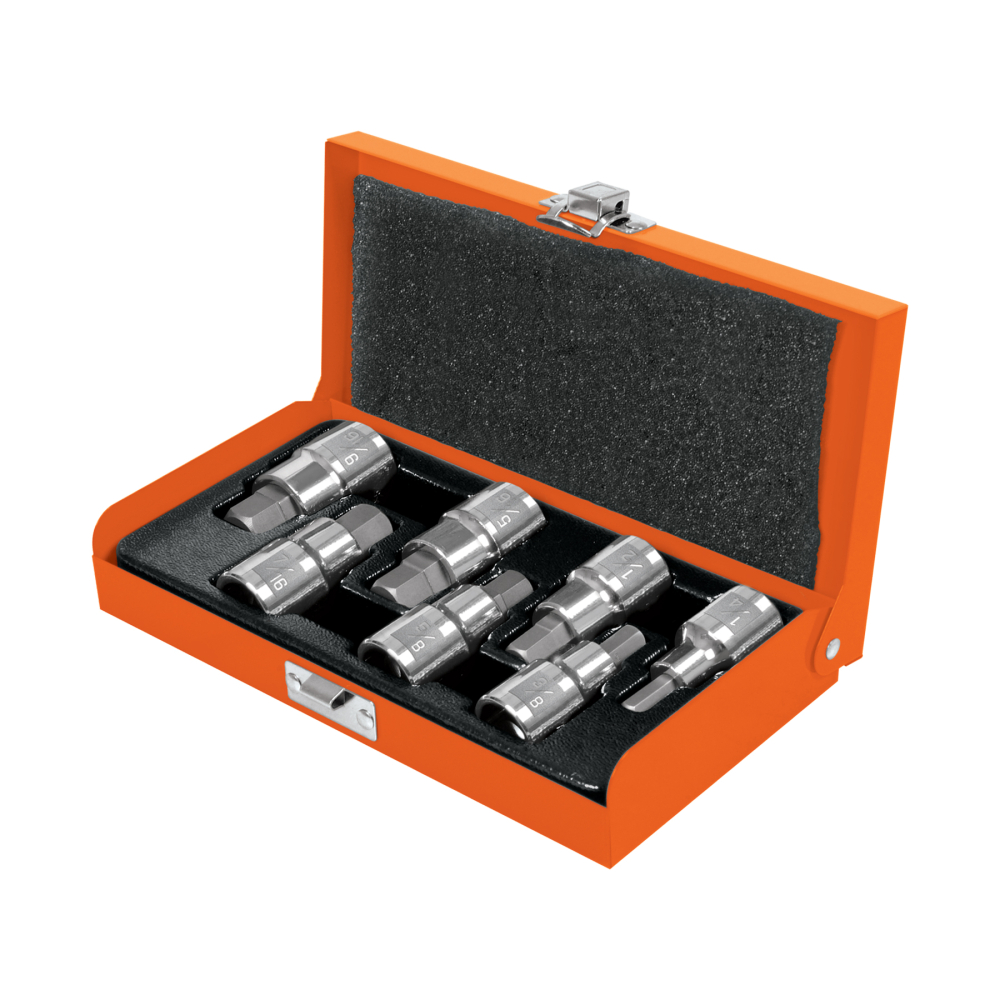Juego de 7 dados cuadro 1/2' punta hex std, estuche metálico JPH-1/2X7PH