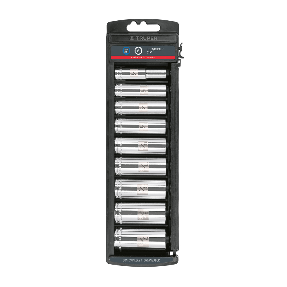 Juego de 9 dados largos cuadro 3/8' std, TRUPER JD-3/8X9LP