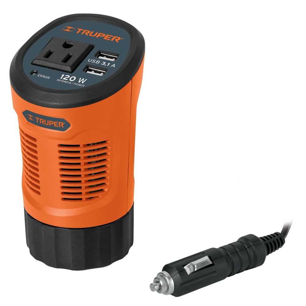 Inversor de corriente 120 W tipo vaso, 2 puertos USB, TRUPER INCO-120