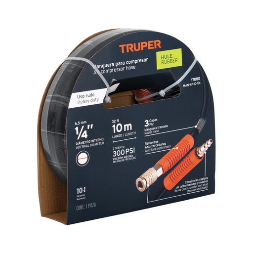 [17080] Manguera para compresor, de hule, 10m x 1/4', TRUPER MAN-AP-10-1/4