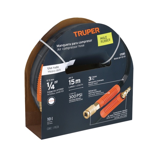[17081] Manguera para compresor, de hule, 15m x 1/4', TRUPER MAN-AP-15-1/4
