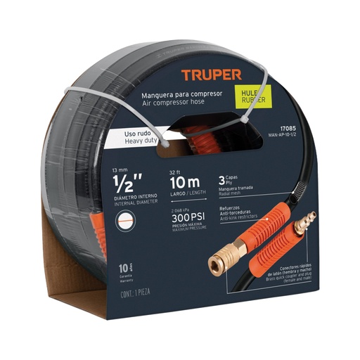 [17085] Manguera para compresor, de hule, 10m x 1/2', TRUPER MAN-AP-10-1/2