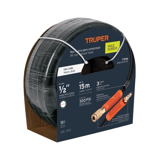 [17086] Manguera para compresor, de hule, 15m x 1/2', TRUPER MAN-AP-15-1/2