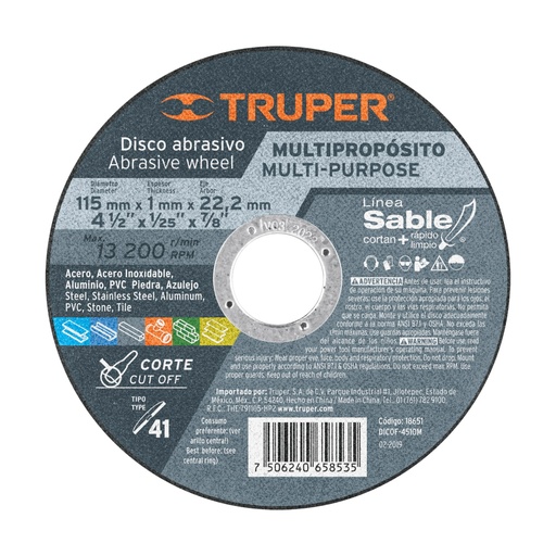 [18651] Disco Tipo 41 de 4-1/2' x 1 mm corte multimaterial, Sable DICOF- 4510M