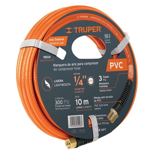 [19014] Manguera para compresor, de PVC, 10m x 1/4', Truper MAN-PI-10-1/4