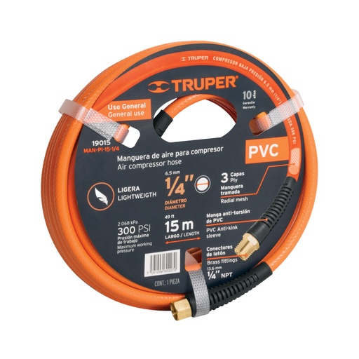 [19015] Manguera para compresor, de PVC, 15m x 1/4', TRUPER MAN-PI-15-1/4