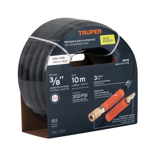 [19016] Manguera para compresor, de hule, 10m x 3/8', TRUPER MAN-AP-10-3/8