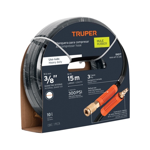 [19017] Manguera para compresor, de hule, 15m x 3/8', Truper MAN-AP-15-3/8