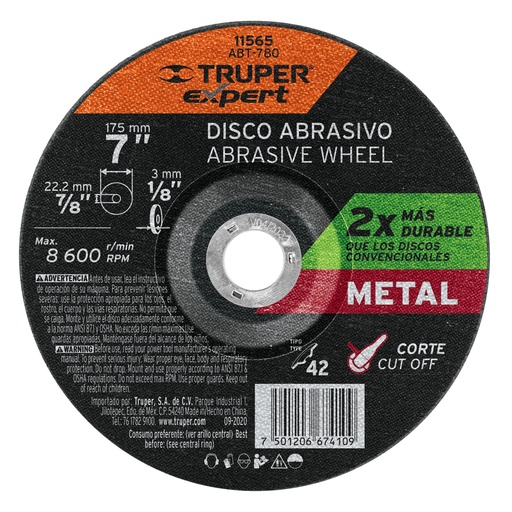 [11565] Disco Tipo 42 de 7' x 3.2 mm corte metal, Truper Expert ABT-780