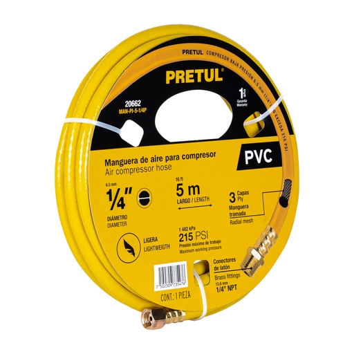 [20662] Manguera para compresor, de PVC, 5m x 1/4', PRETUL MAN-PI-5-1/4P