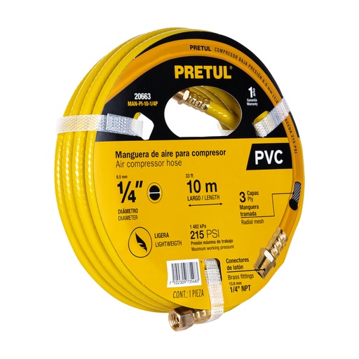 [20663] Manguera para compresor, de PVC, 10m x 1/4', PRETUL MAN-PI-10-1/4P