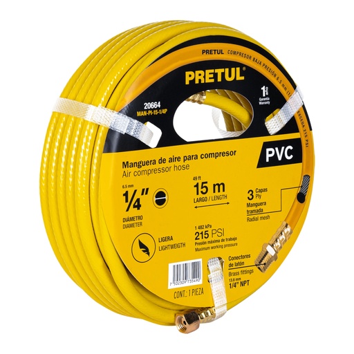 [20664] Manguera para compresor, de PVC, 15m x 1/4', PRETUL MAN-PI-15-1/4P