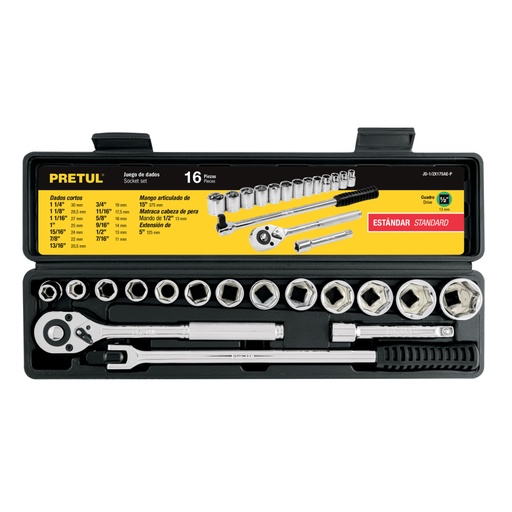 [21172] Juego de 16 herramientas 1/2' std para mecánico, PRETUL JD-1/2X17SAE-P