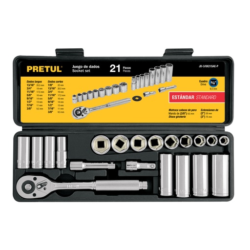 [21187] Juego de 21 herramientas 3/8' std para mecánico, PRETUL JD-3/8X21SAE-P