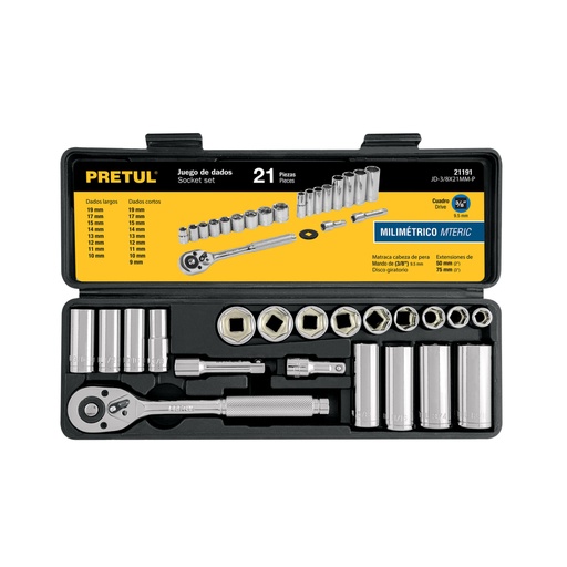 [21191] Juego de 21 herramientas 3/8' mm para mecánico, PRETUL JD-3/8X21MM-P
