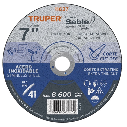 [11637] Disco abrasivo de corte preciso acero inox 7' x 1.8mm TRUPER DICOF-7018I