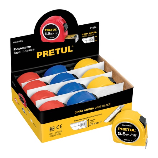 [21624] Flexómetro 6 m cinta 25 mm, en display box, PRETUL PRO-55MEC