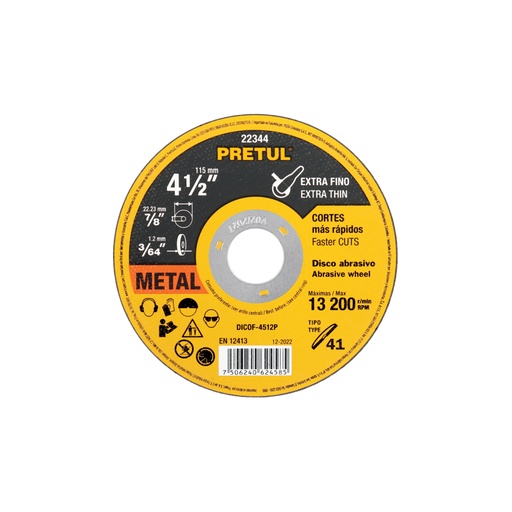 [22344] Disco abrasivo de corte preciso metal 4-1/2' x 1.2 mm PRETUL DICOF-4512P