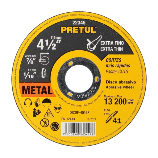 [22345] Disco abrasivo de corte preciso metal 4-1/2' x 1.6 mm PRETUL DICOF-4516P