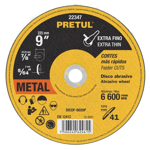 [22347] Disco abrasivo de corte preciso metal 9' x 2 mm, PRETUL DICOF-9020P