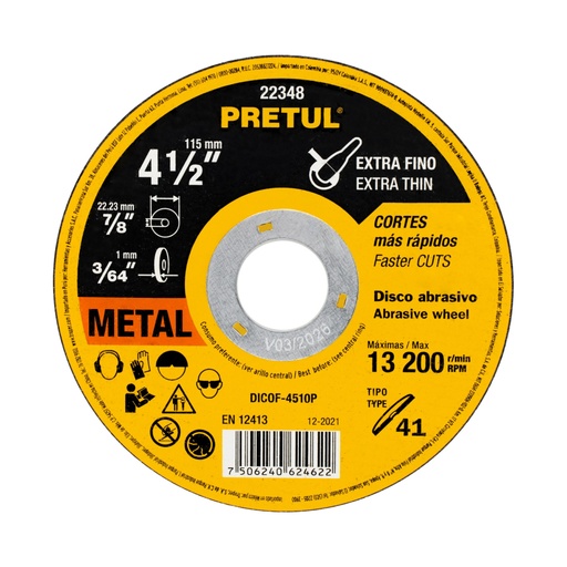 [22348] Disco abrasivo de corte preciso metal 4-1/2' x 1 mm, PRETUL DICOF-4510P