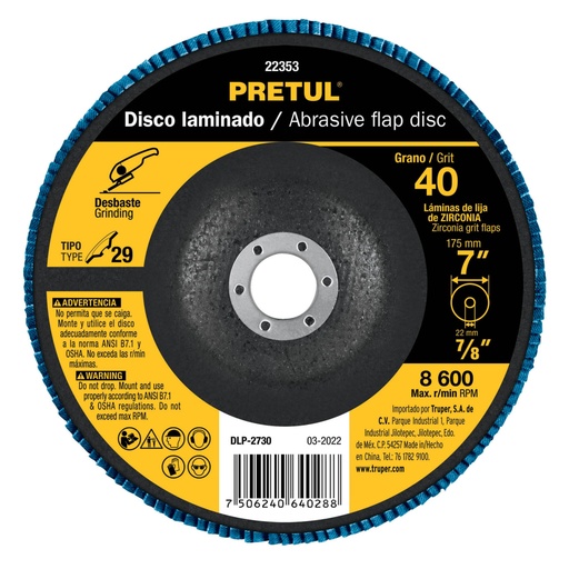 [22353] Disco laminado 7', grano 40 centro 7/8', fibra, PRETUL DLP-2730
