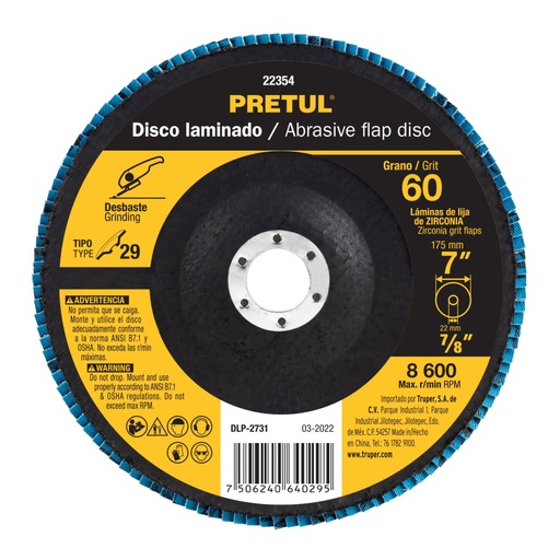 [22354] Disco laminado 7', grano 60 centro 7/8', fibra, PRETUL DLP-2731