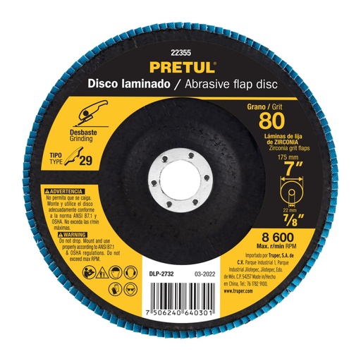 [22355] Disco laminado 7', grano 80 centro 7/8', fibra, PRETUL DLP-2732