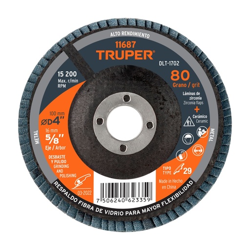 [11687] Disco laminado 4', grano 80 centro 5/8', fibra, TRUPER DLT-1702