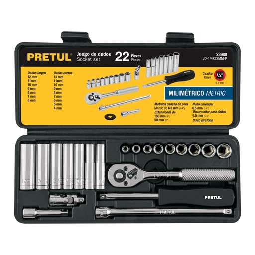 [23980] Juego de 22 herramientas 1/4' mm para mecánico, PRETUL JD-1/4X22MM-P