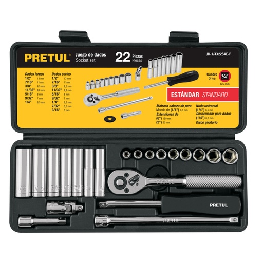 [23981] Juego de 22 herramientas 1/4' std para mecánico, PRETUL JD-1/4X22SAE-P