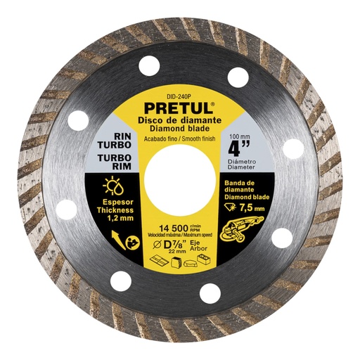 [27016] Disco de diamante de 4' x 1.2 mm, rin turbo, PRETUL DID-240P