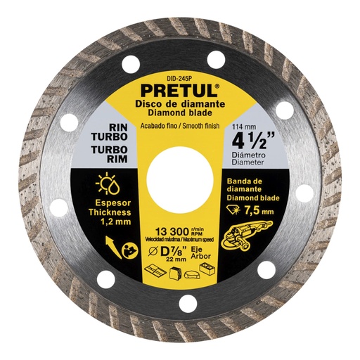 [27017] Disco de diamante de 4-1/2' x 1.2 mm, rin turbo, PRETUL DID-245P