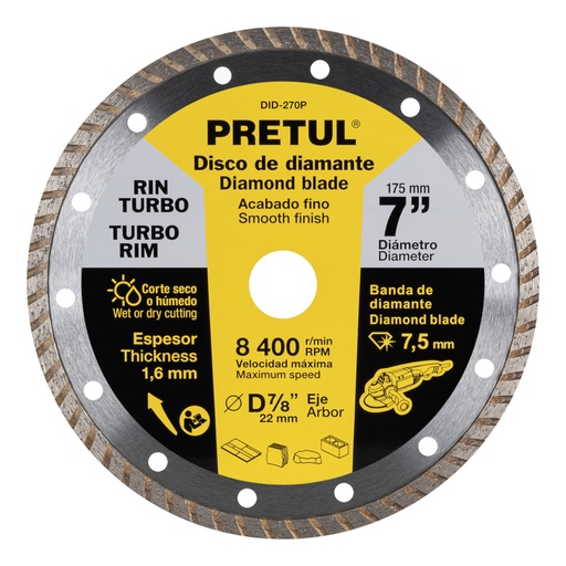 [27018] Disco de diamante de 7' x 1.6 mm, rin turbo, PRETUL DID-270P