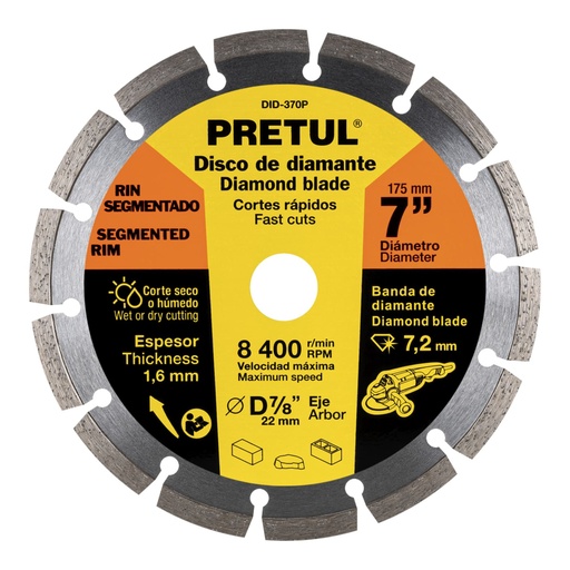 [27033] Disco de diamante de 7' x 1.6 mm rin segmentado, PRETUL DID-370P