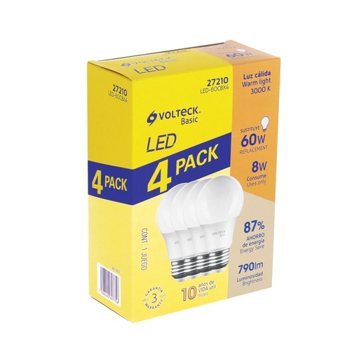 [27210] Pack 4 focos LED 8W (60W) A19, 3000K cálida, 790 lm, BASIC LED-60CBX4