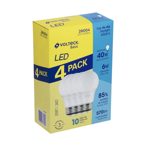 [28004] Pack 4 focos LED 6W (40W) A19, 6500K fría, 570 lm, BASIC LED-40FBX4