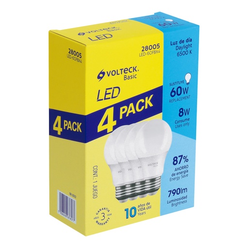 [28005] Pack 4 focos LED 8W (60W) A19, 6500K fría, 790 lm, BASIC LED-60FBX4