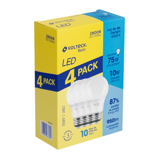 [28006] Pack 4 focos LED 10W (75W) A19, 6500K fría, 950 lm, BASIC LED-75FBX4