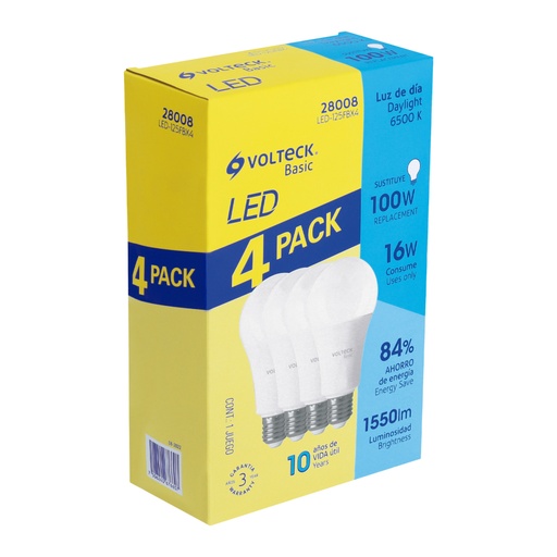 [28008] Pack 4 focos LED 16W (100W) A22, 6500K fría, 1550 lm, BASIC LED-125FBX4